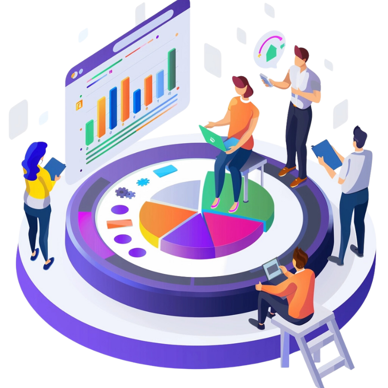 a group of people around a pie chart