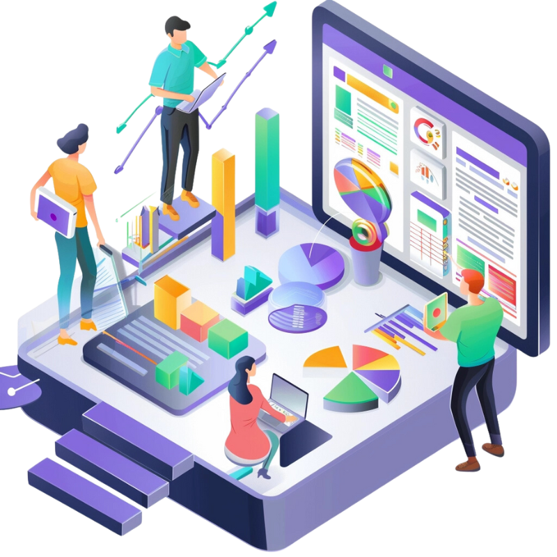a group of people standing on a table with a laptop and charts