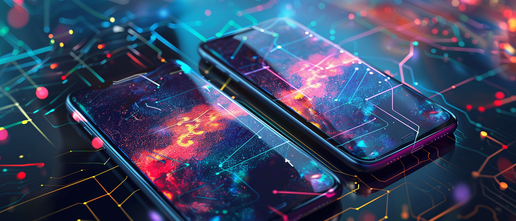 a group of cell phones with colorful screens