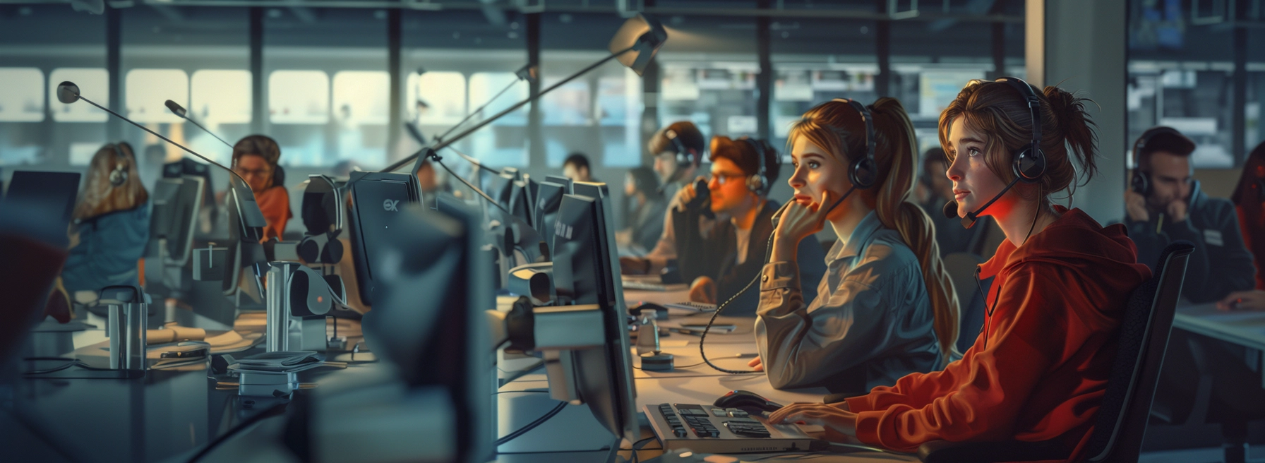 a group of people in a call center