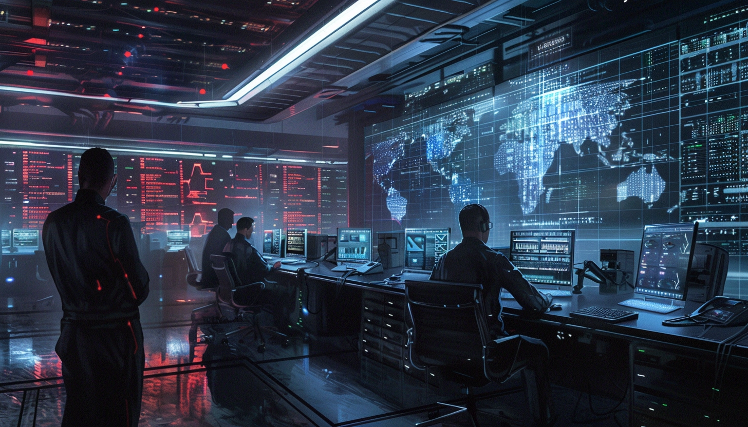 a group of people sitting at computers in a room with large screens